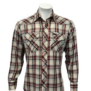 Vintage Montgomery Ward Western Pearl Snap Beige Red Black Long Sleeve Shirt MD